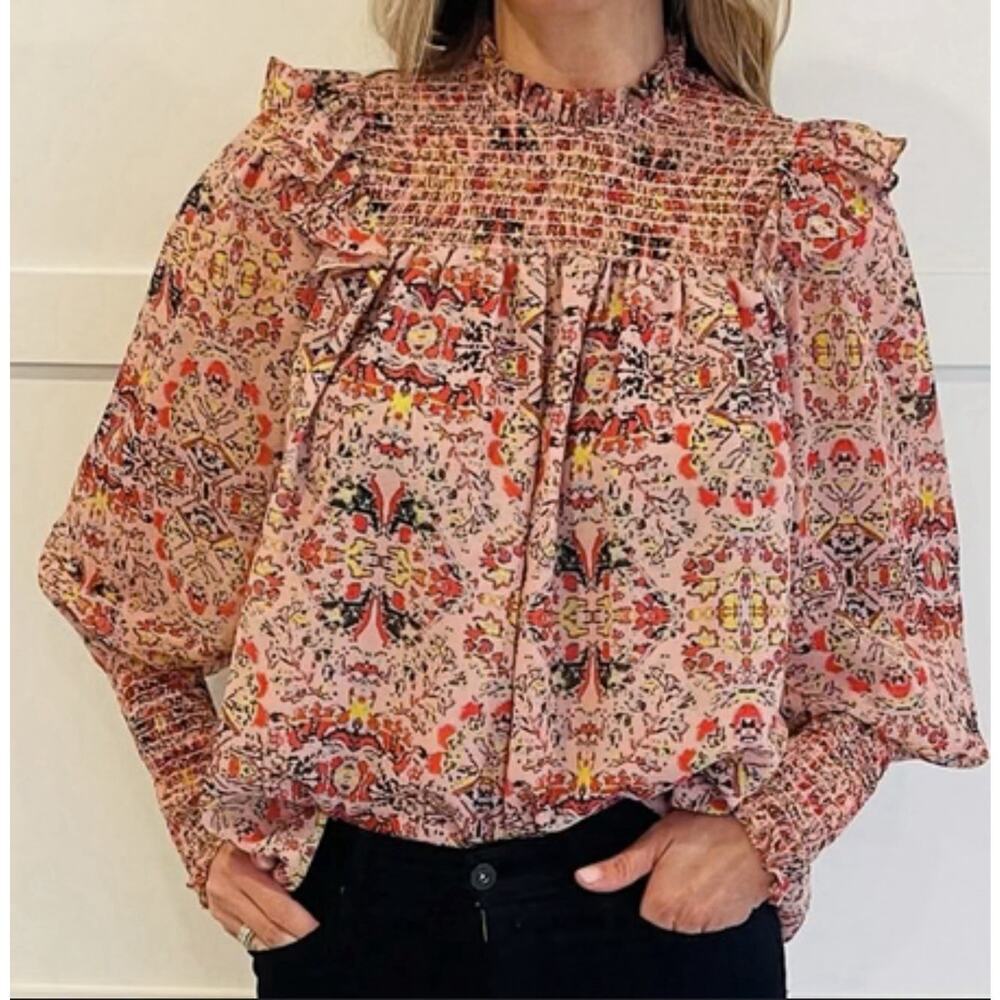Willa Story Smocked Long Sleeve Blouse‎ Top Geometric Print Women’s Size Medium